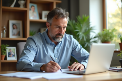 Homme d'âge moyen travaillant sur des documents financiers dans un bureau lumineux