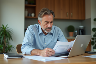 Homme inquiet lisant un email dans sa cuisine moderne