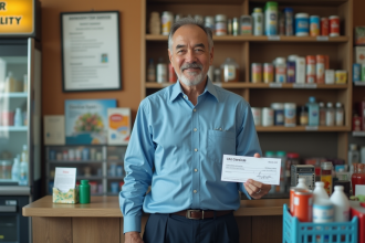 Homme d'âge moyen tenant un chèque dans un magasin de proximité