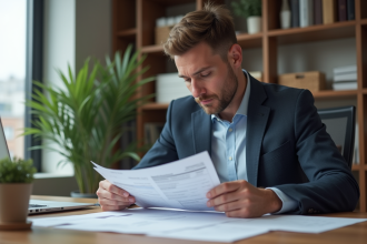 Homme concentré travaillant sur papiers dans son bureau