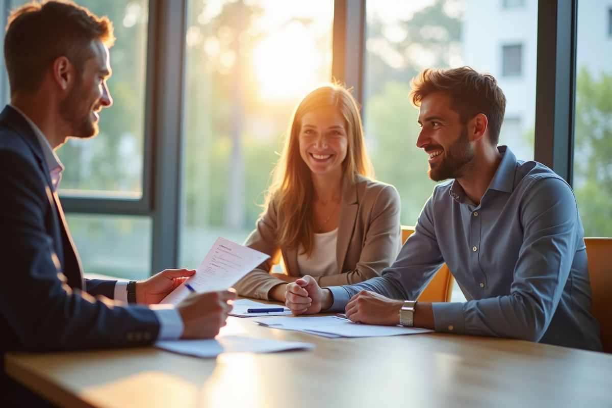 Jeune couple souriant discutant avec un banquier dans un bureau lumineux