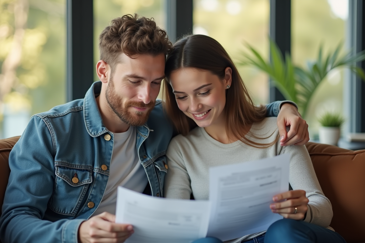 Jeune couple dans leur salon moderne examine des documents financiers