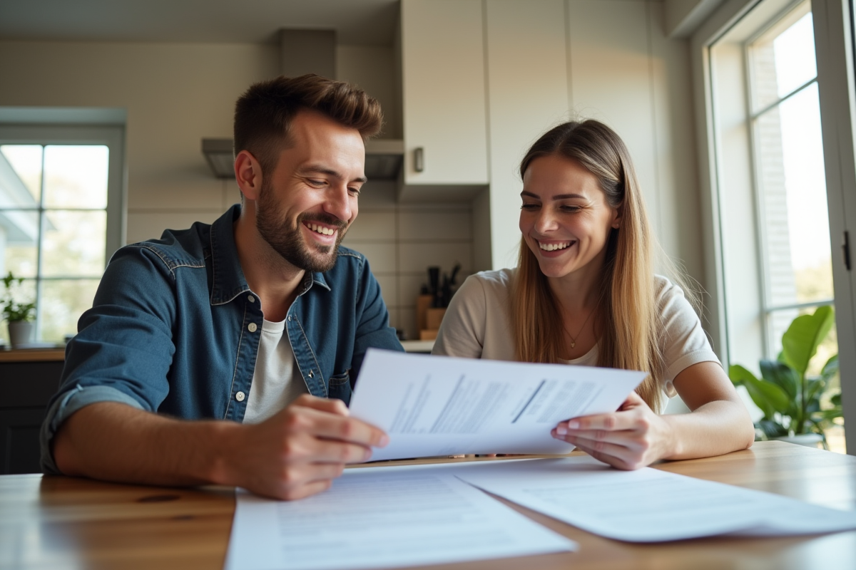 Jeune couple souriant examinant documents de prêt immobilier