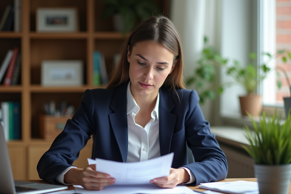 Jeune femme en bureau studieuse et concentrée
