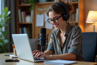 Jeune femme souriante vérifiant ses statistiques de podcast