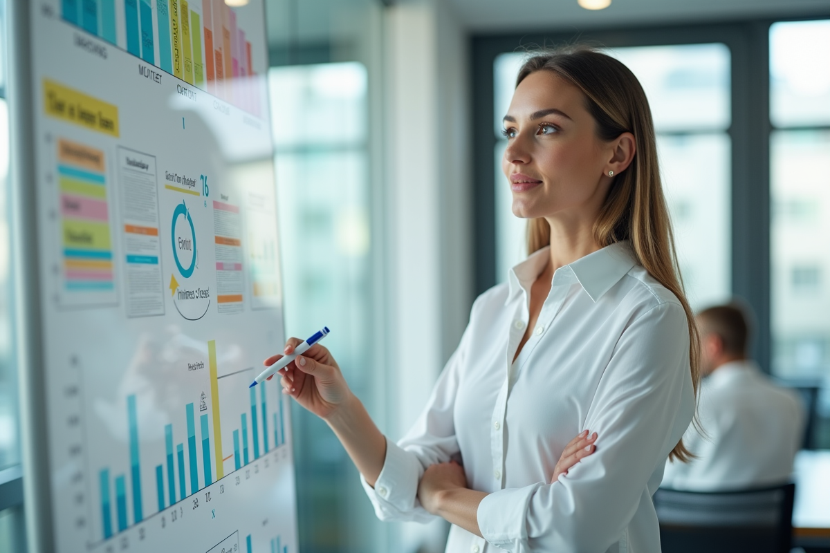 Jeune femme en réunion explique des graphiques