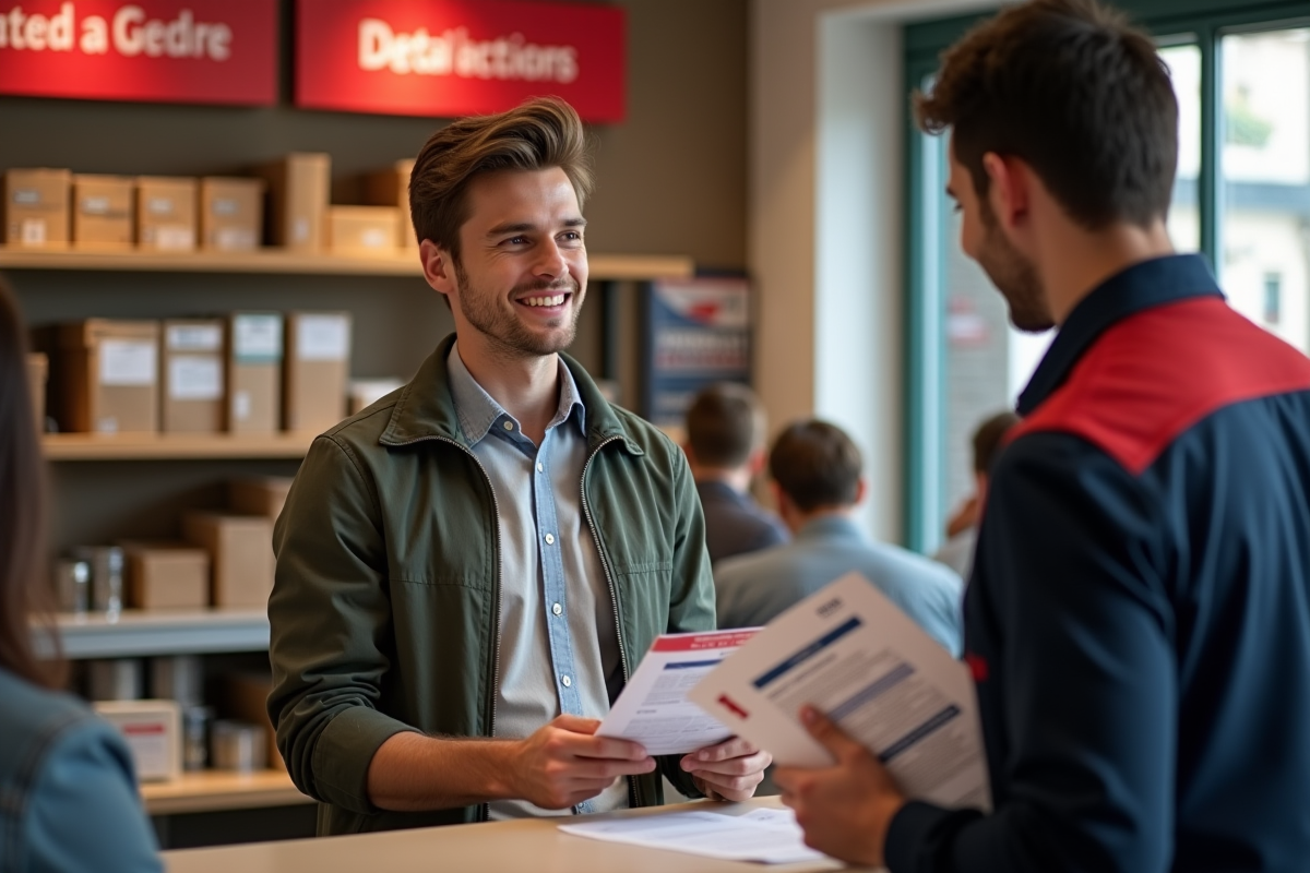 Jeune homme discutant avec un agent de la poste