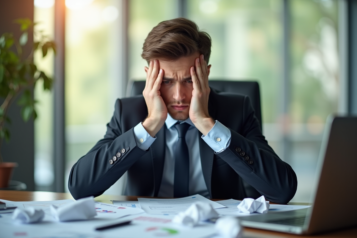 Jeune homme inquiet au bureau face à un ordinateur