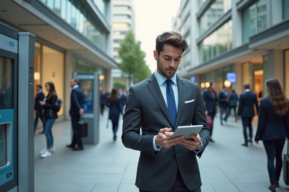 Jeune homme vérifiant sa tablette près d