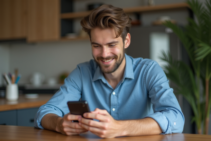 Jeune homme avec smartphone dans la cuisine moderne