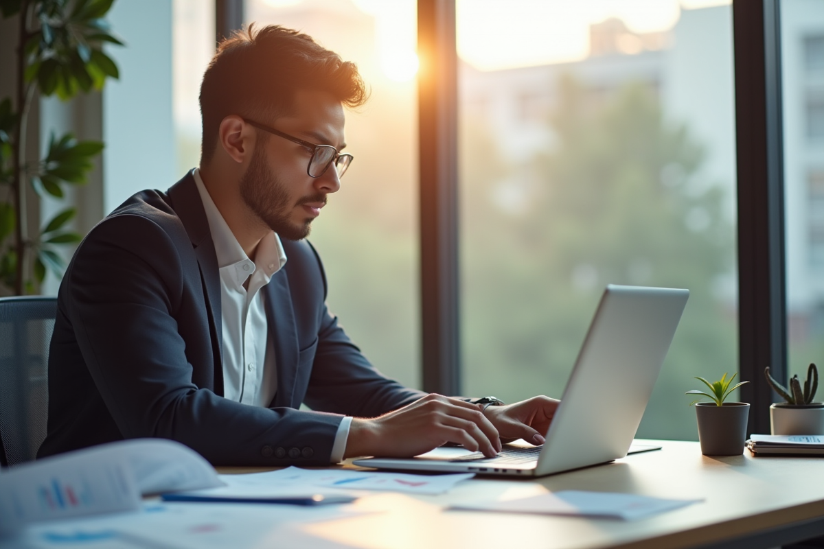 Jeune professionnel analysant des graphiques financiers sur un ordinateur lumineux