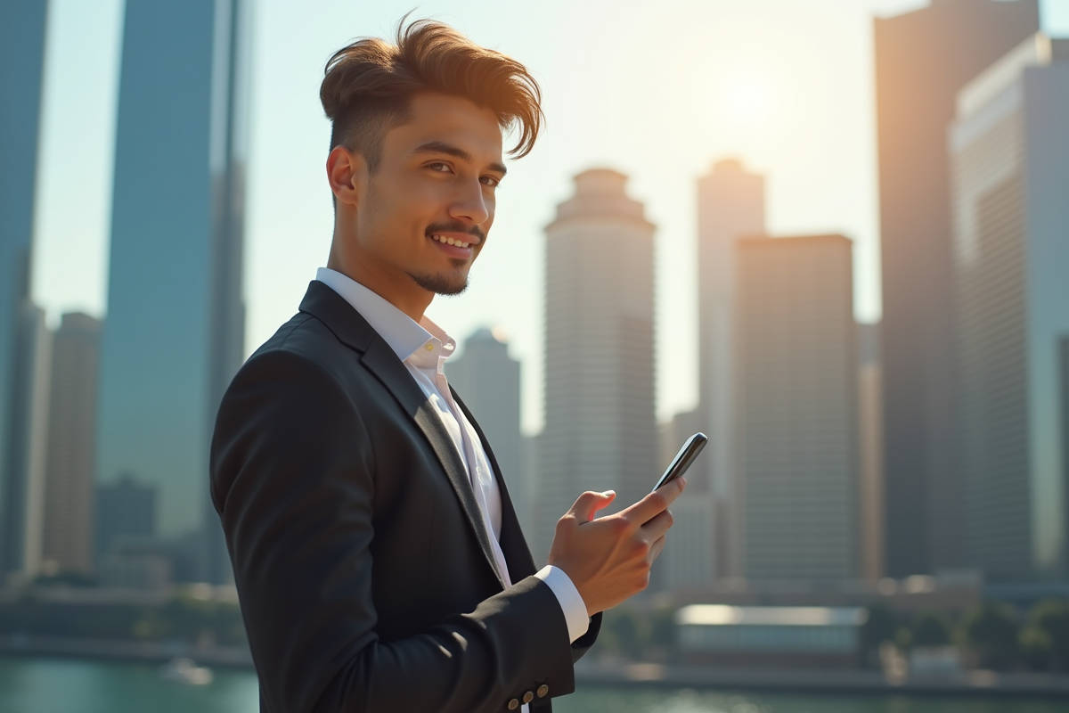 Jeune professionnel avec smartphone devant skyline