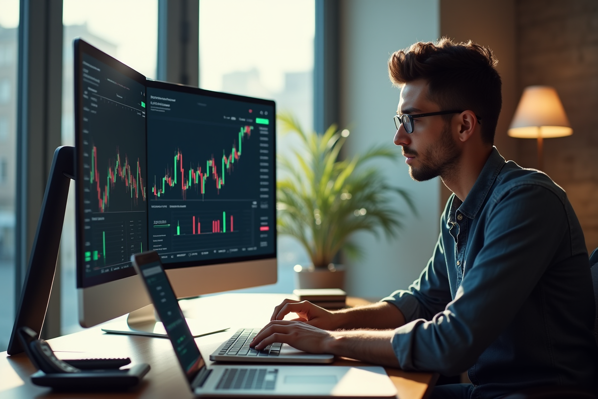 Jeune adulte analysant des graphiques de cryptomonnaie dans un bureau lumineux