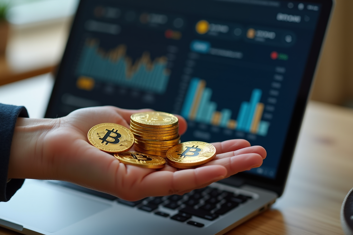 Main tenant des pièces de Bitcoin avec un ordinateur portable en arrière-plan