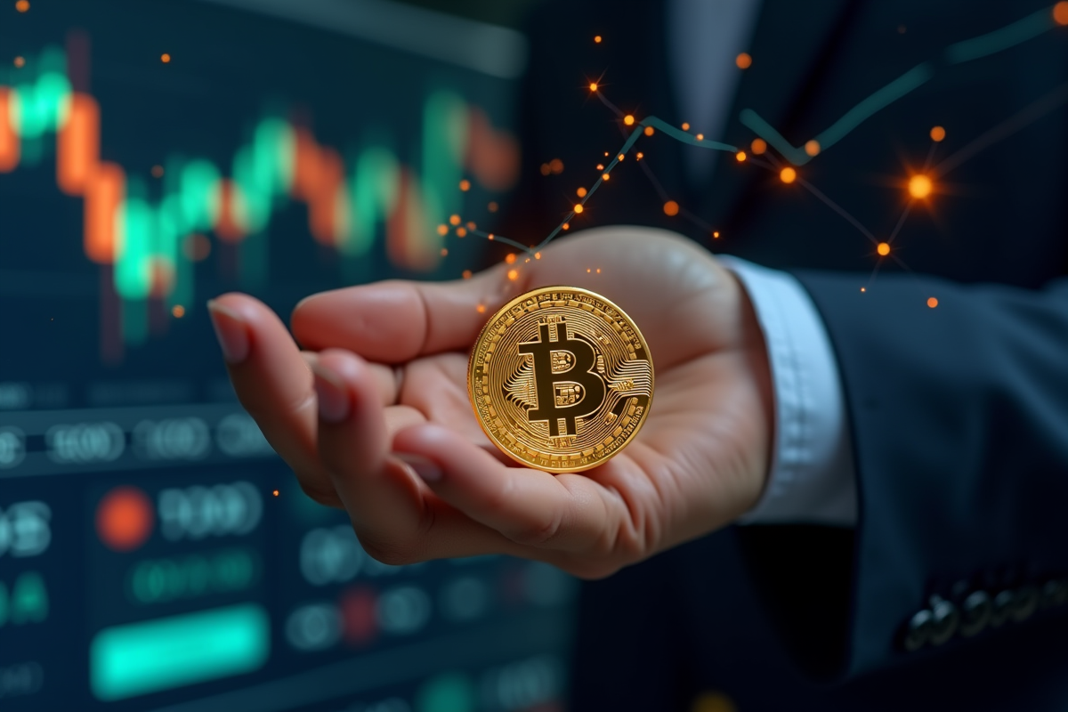 Main d'affaires tenant une pièce d'or avec symbole blockchain