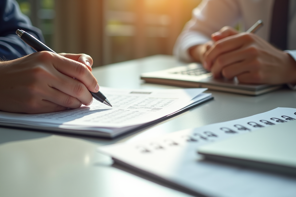 Mains tenant un relevé de pension et un stylo sur la table