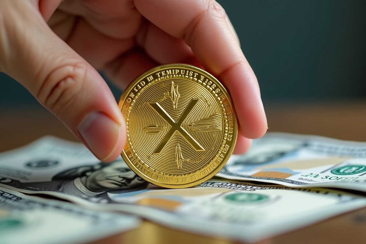 Main tenant une pièce XRP dorée au-dessus de dollars