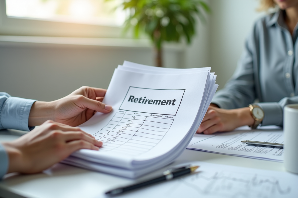 Mains tenant des documents de retraite sur un bureau lumineux