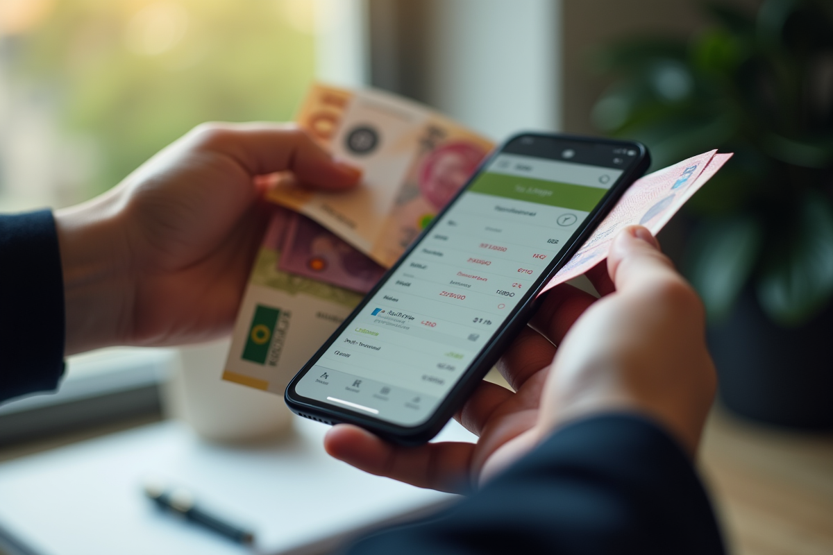 Mains tenant des billets internationaux et un smartphone avec transfert