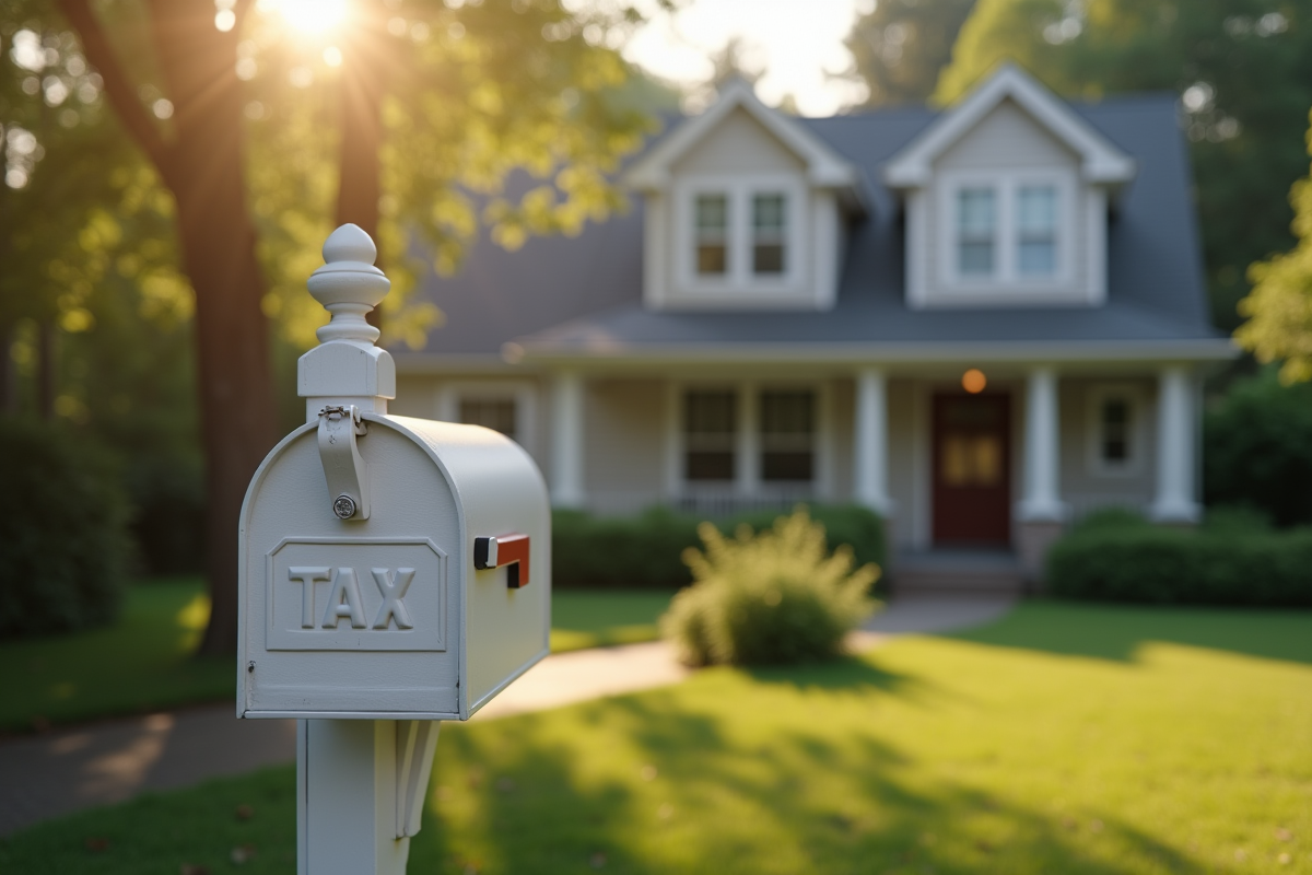 Maison de banlieue avec boîte aux lettres et courrier fiscal au matin