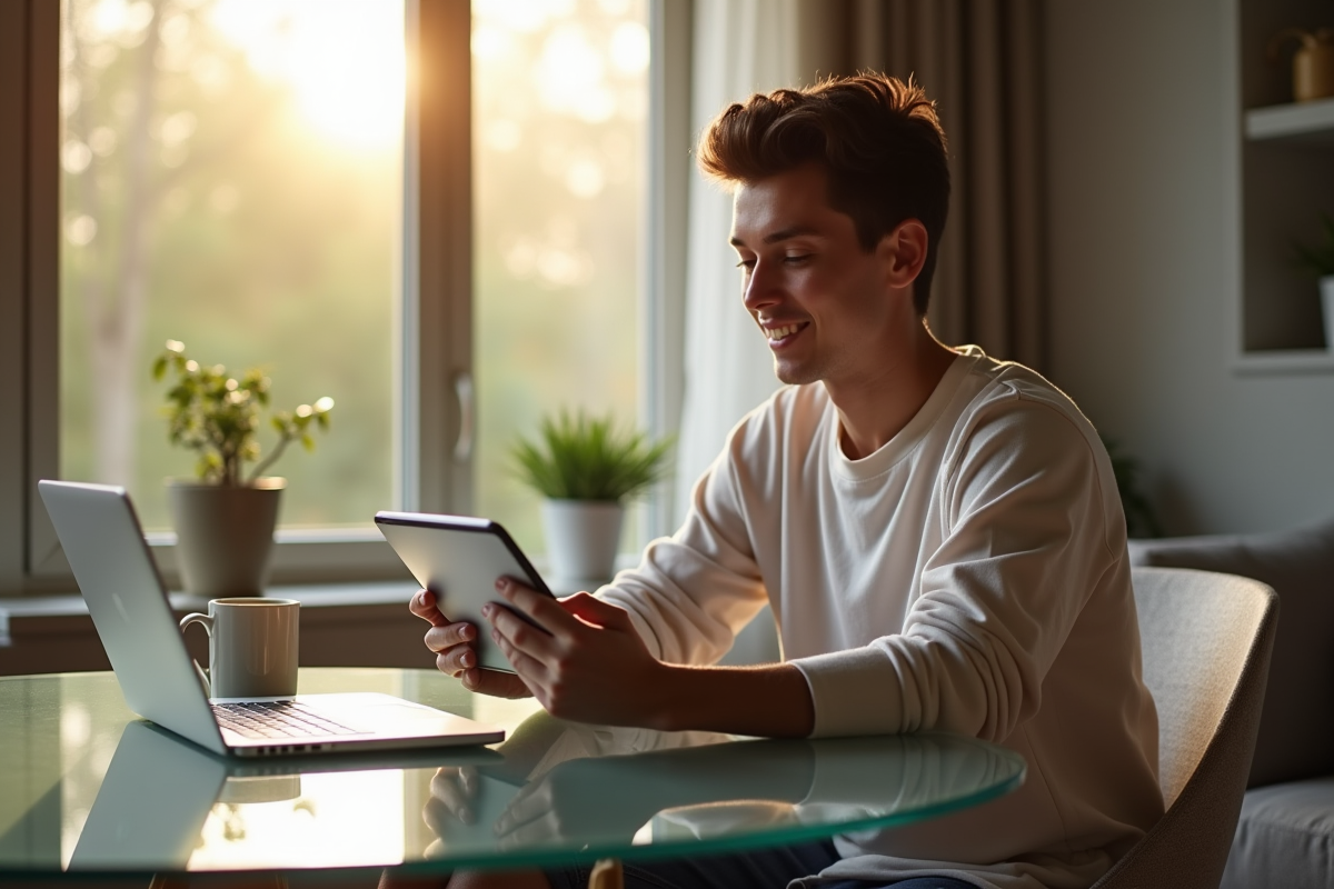 Jeune adulte vérifiant ses investissements le matin