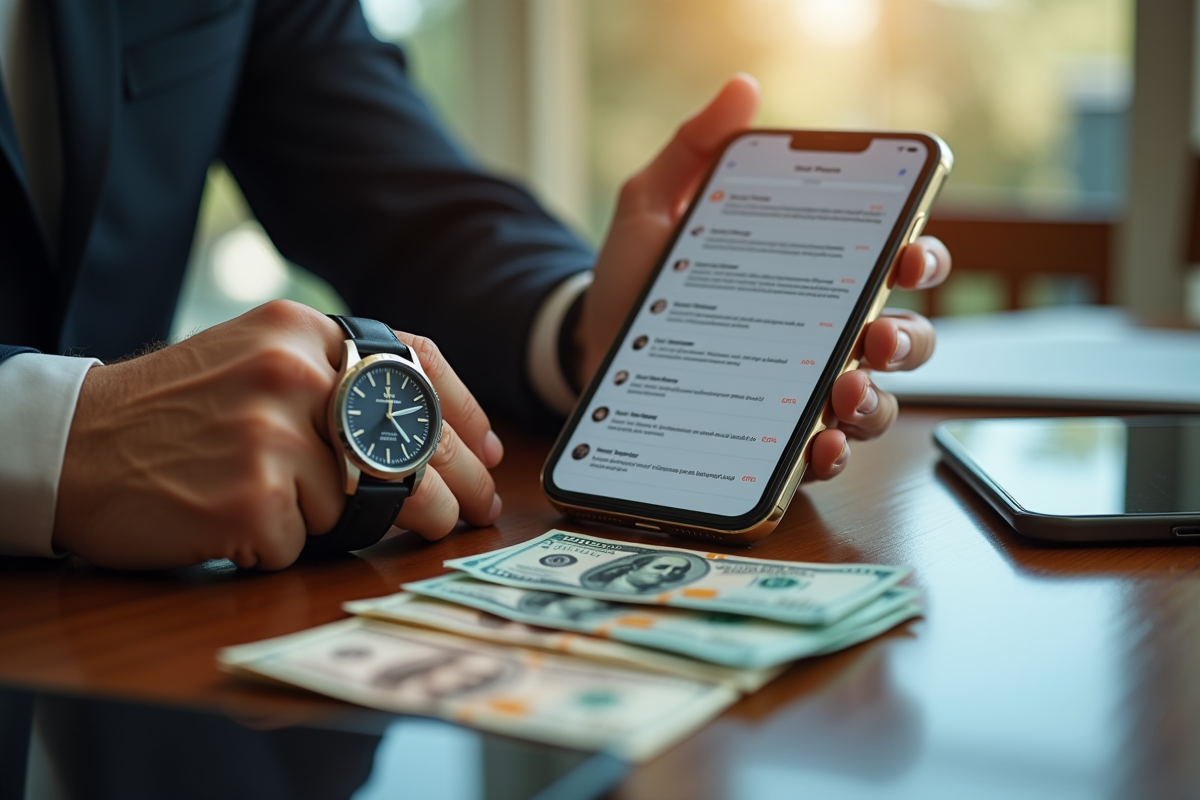 Main tenant une montre de luxe et un smartphone avec billets