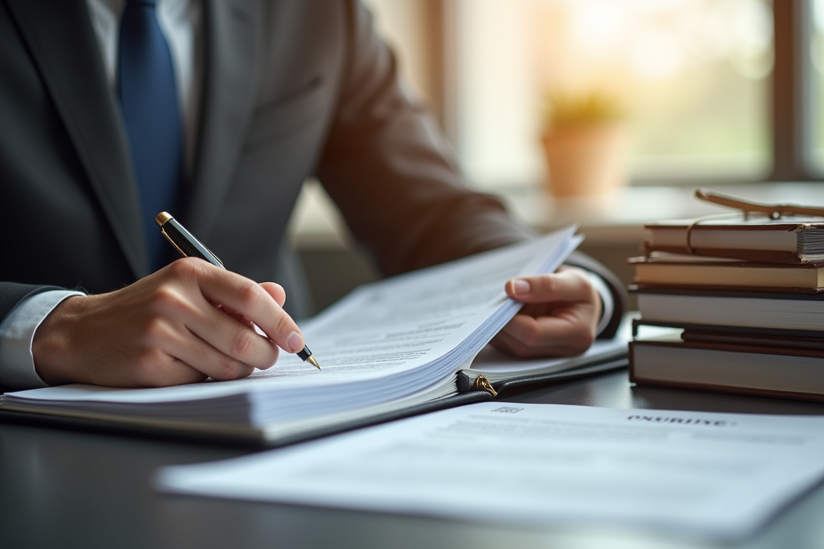 Notaire examinant des documents d'assurance dans un bureau lumineux