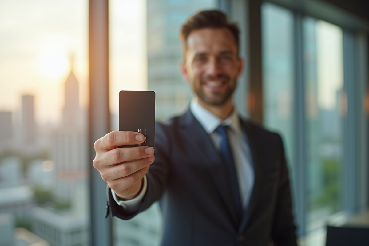 Personne d'affaires confiante tenant une carte noire luxueuse dans un bureau moderne