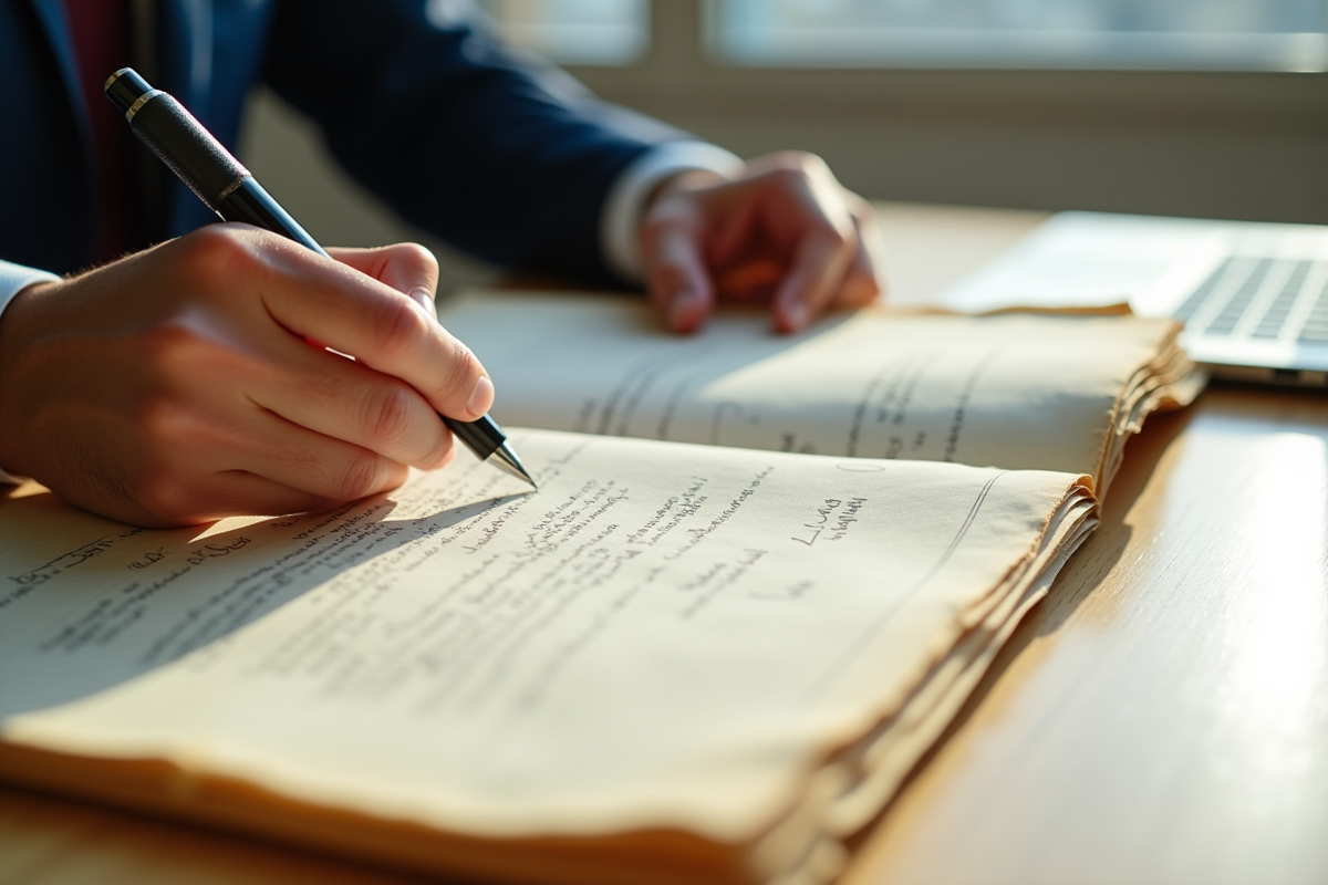 Une personne examinant un document juridique annoté au bureau