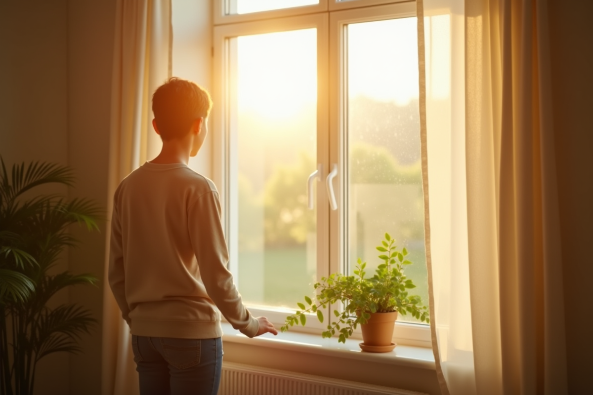 Personne ouvrant la fenetre dans une chambre lumineuse