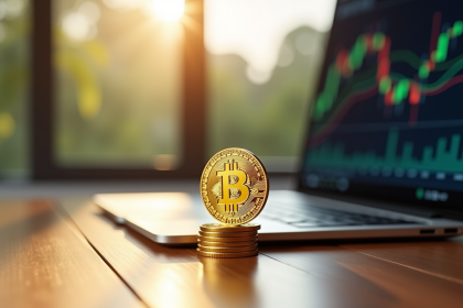 Pièce de Bitcoin en or brillant sur bureau moderne