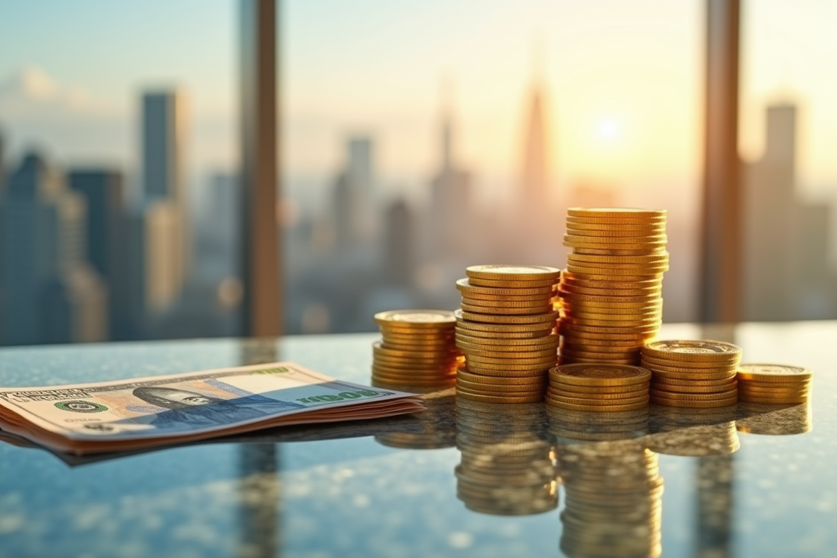 Pièces d or et billets de banque empiles sur une table brillante
