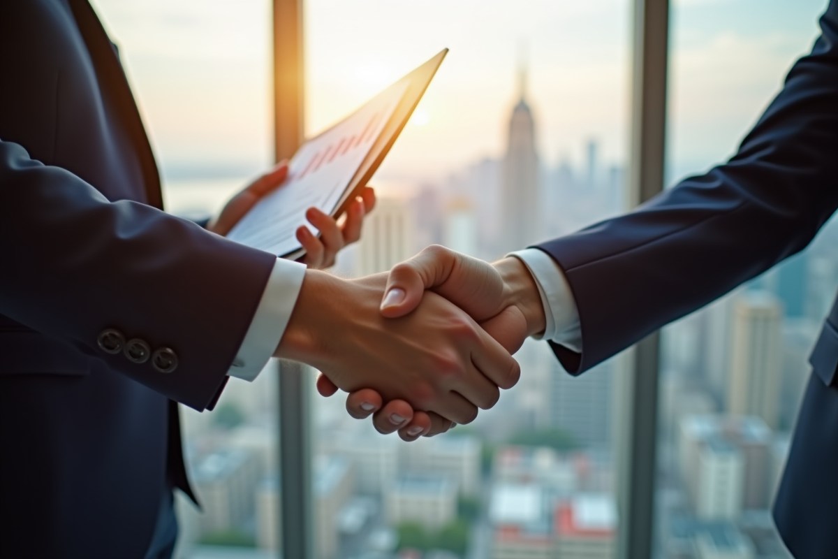 Poignee de main entre deux professionnels avec contrat et graphiques financiers