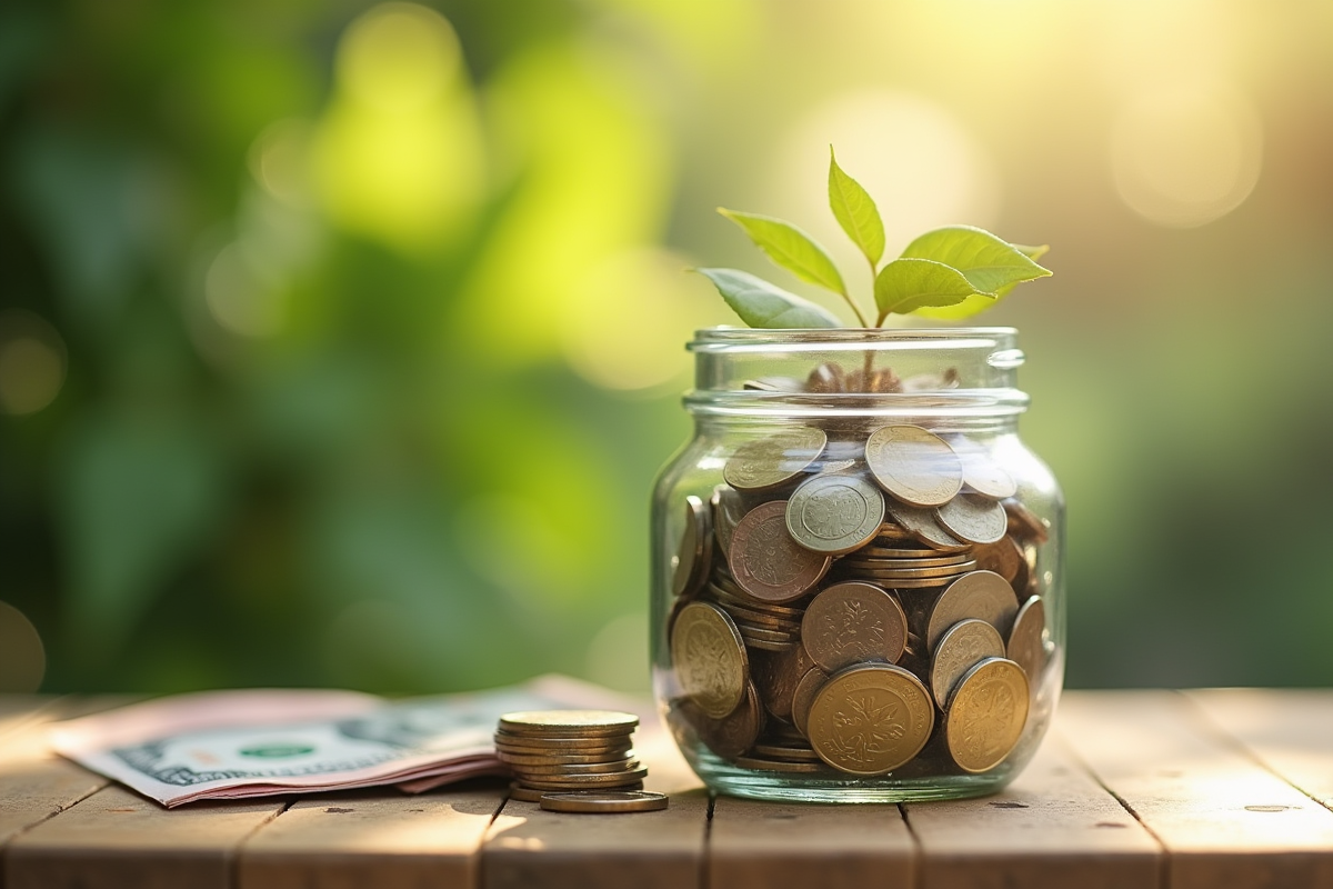Pot de monnaie avec pièces et billets sur une table en bois