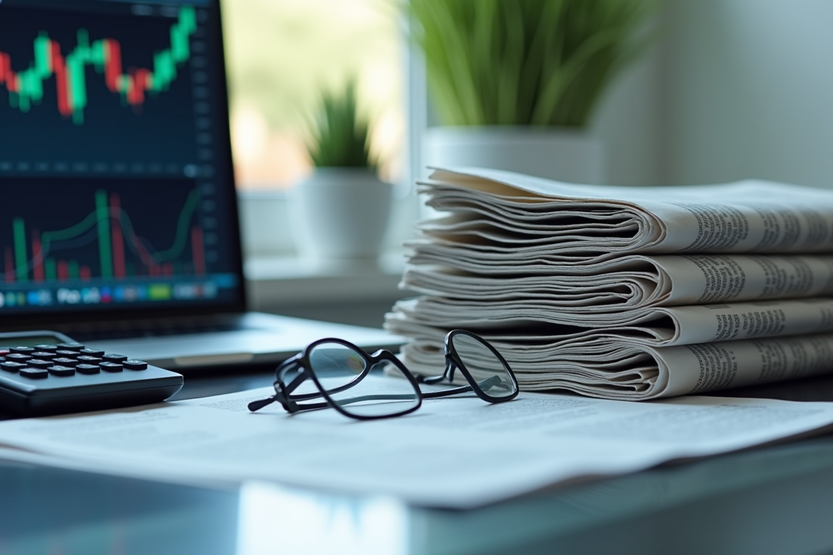Piles de journaux financiers avec calculatrice et lunettes