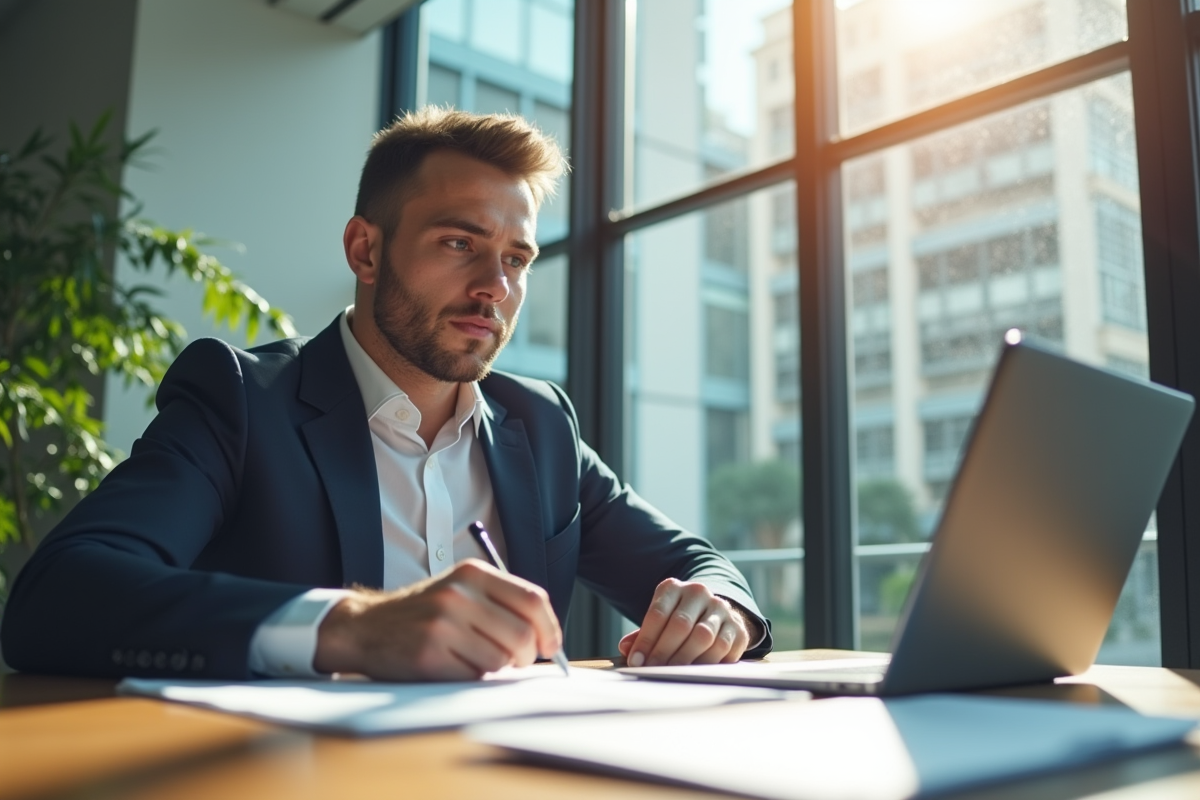 Professionnel d'affaires dans un bureau lumineux examine des documents