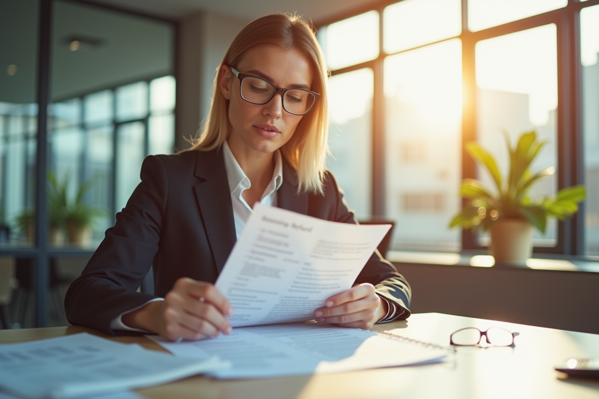 Professionnel dans un bureau moderne examinant des documents de remboursement