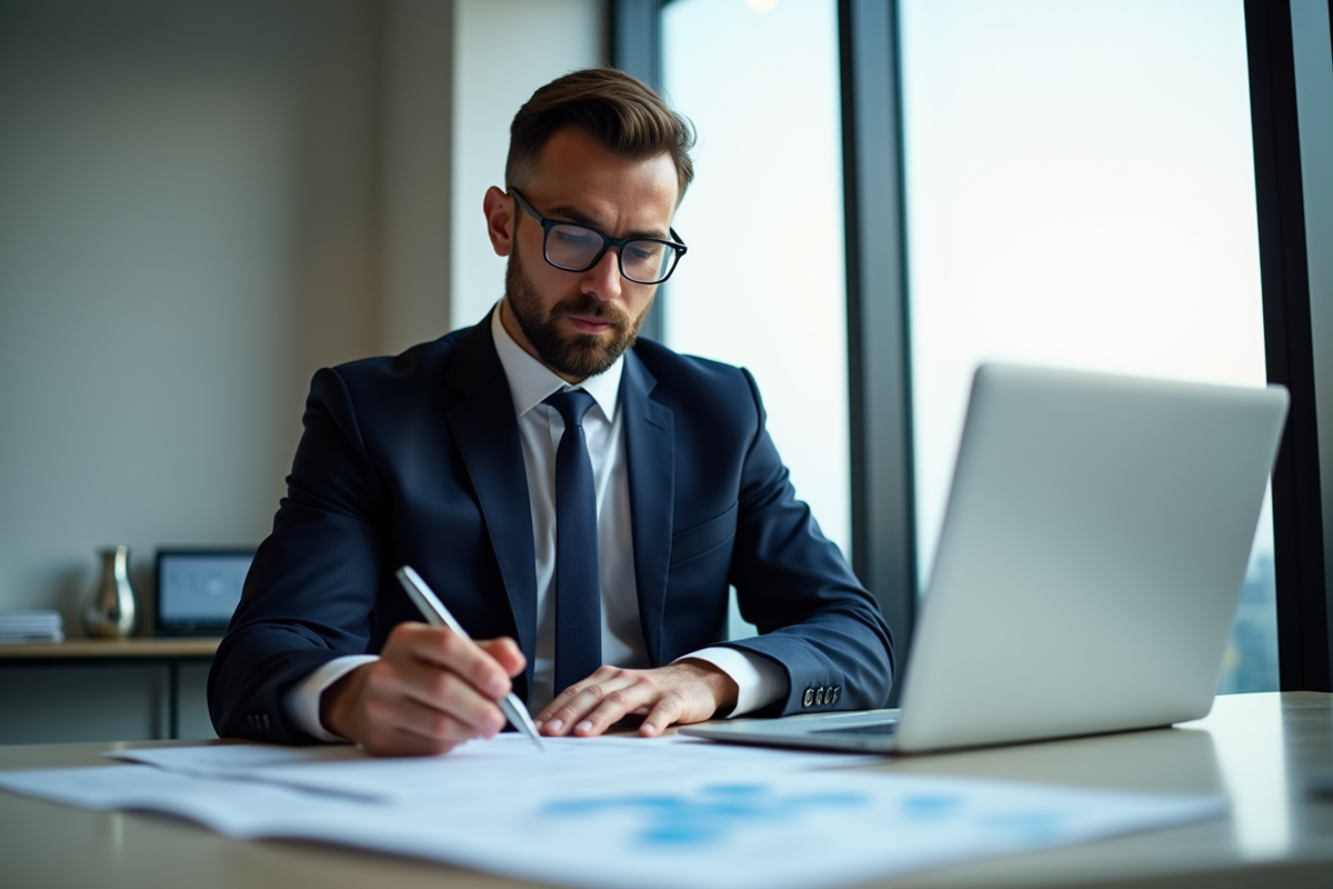 Professionnel bien habille analysant des documents financiers