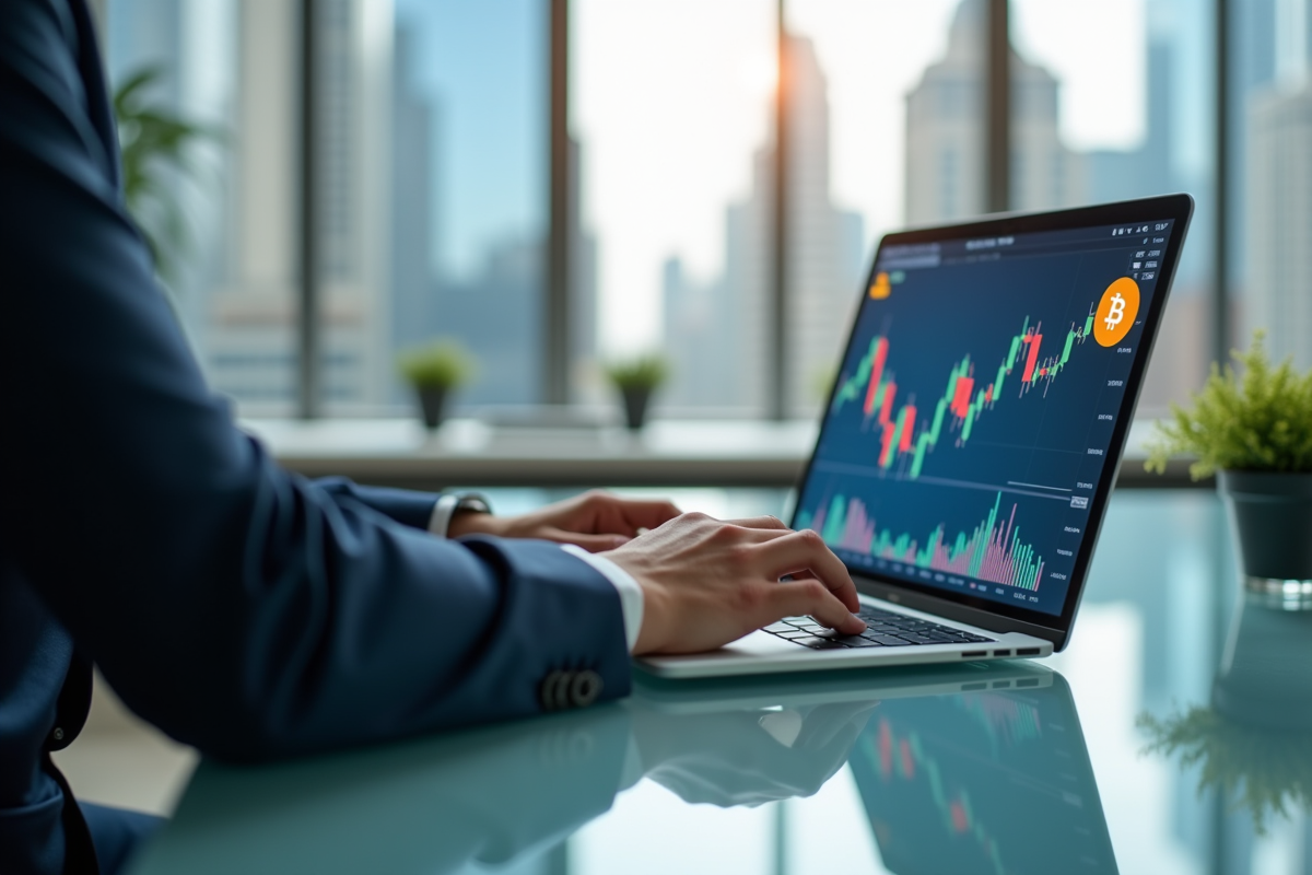 Professionnel confiant utilisant un ordinateur portable avec graphique Bitcoin