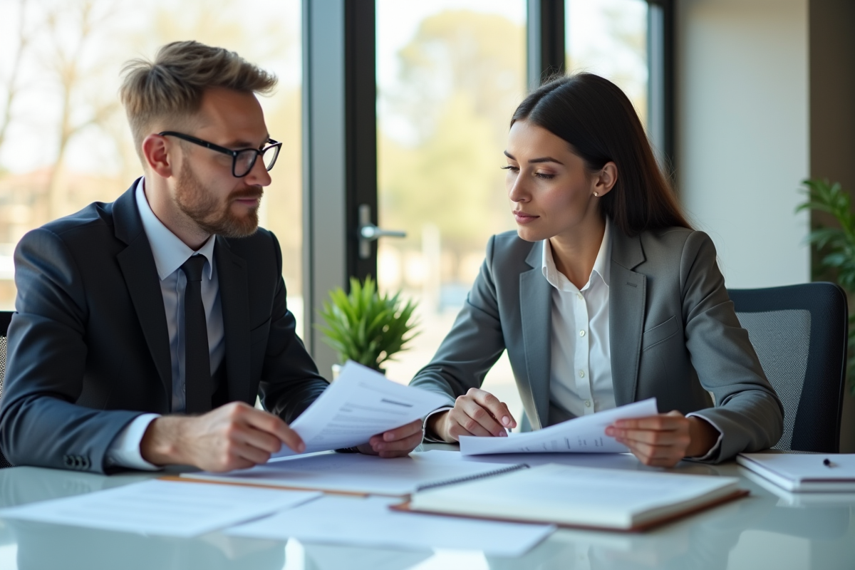 Deux professionnels discutant de documents financiers en réunion