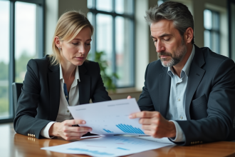Homme et femme d'affaires analysant des rapports financiers