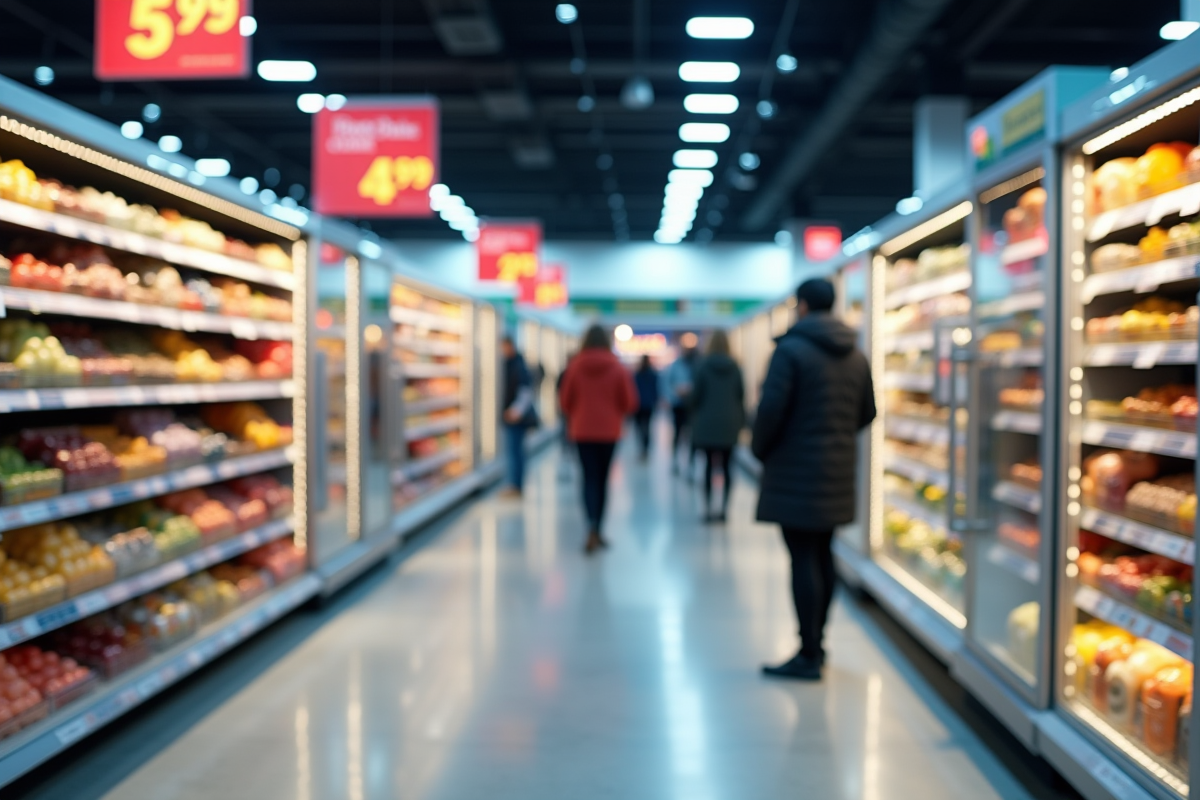 Rayon de supermarche moderne avec prix visibles et produits