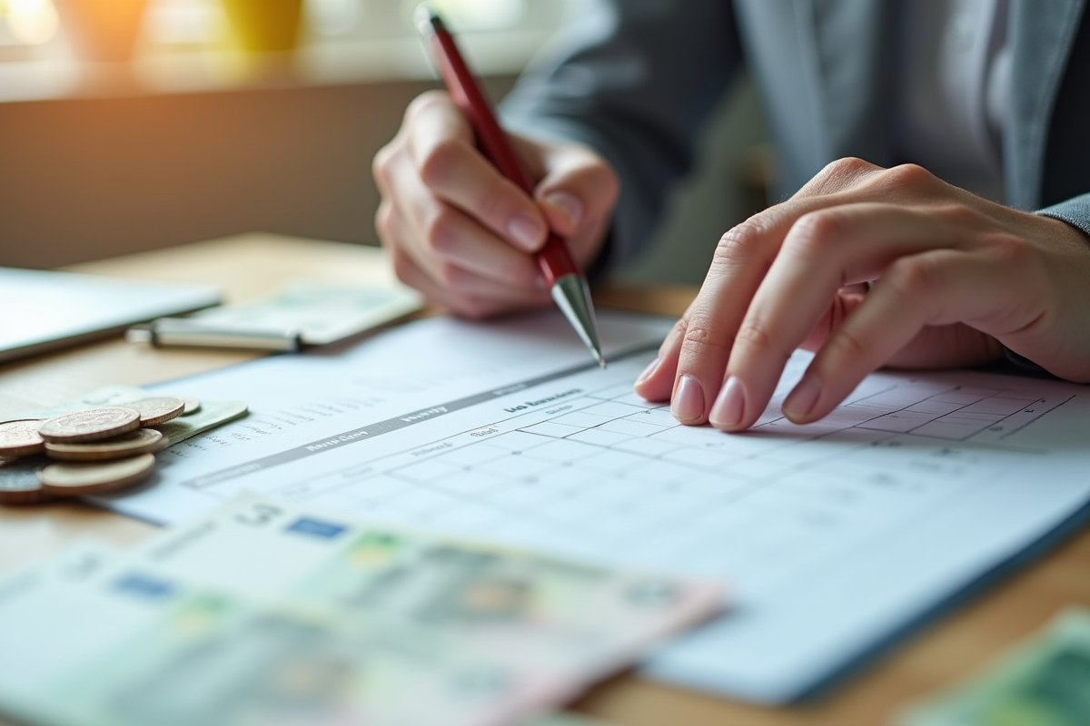 Main remplissant un tableau de remboursement de pret avec des euros