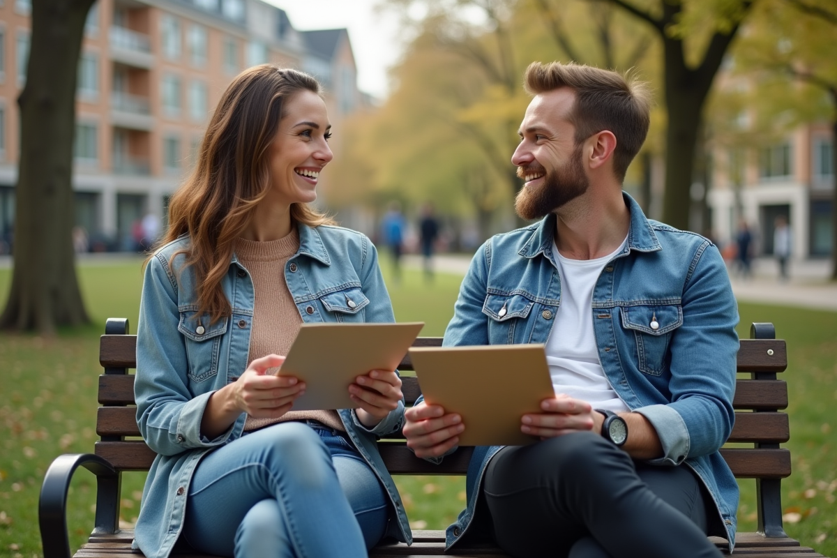 Une femme et un homme discutent sur un banc de parc en ville