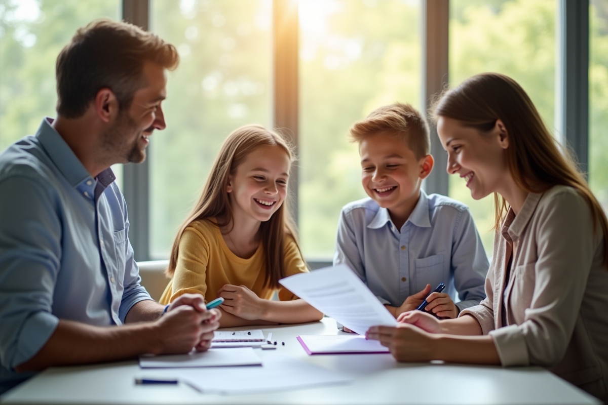 Famille rencontrant un conseiller financier dans un bureau lumineux
