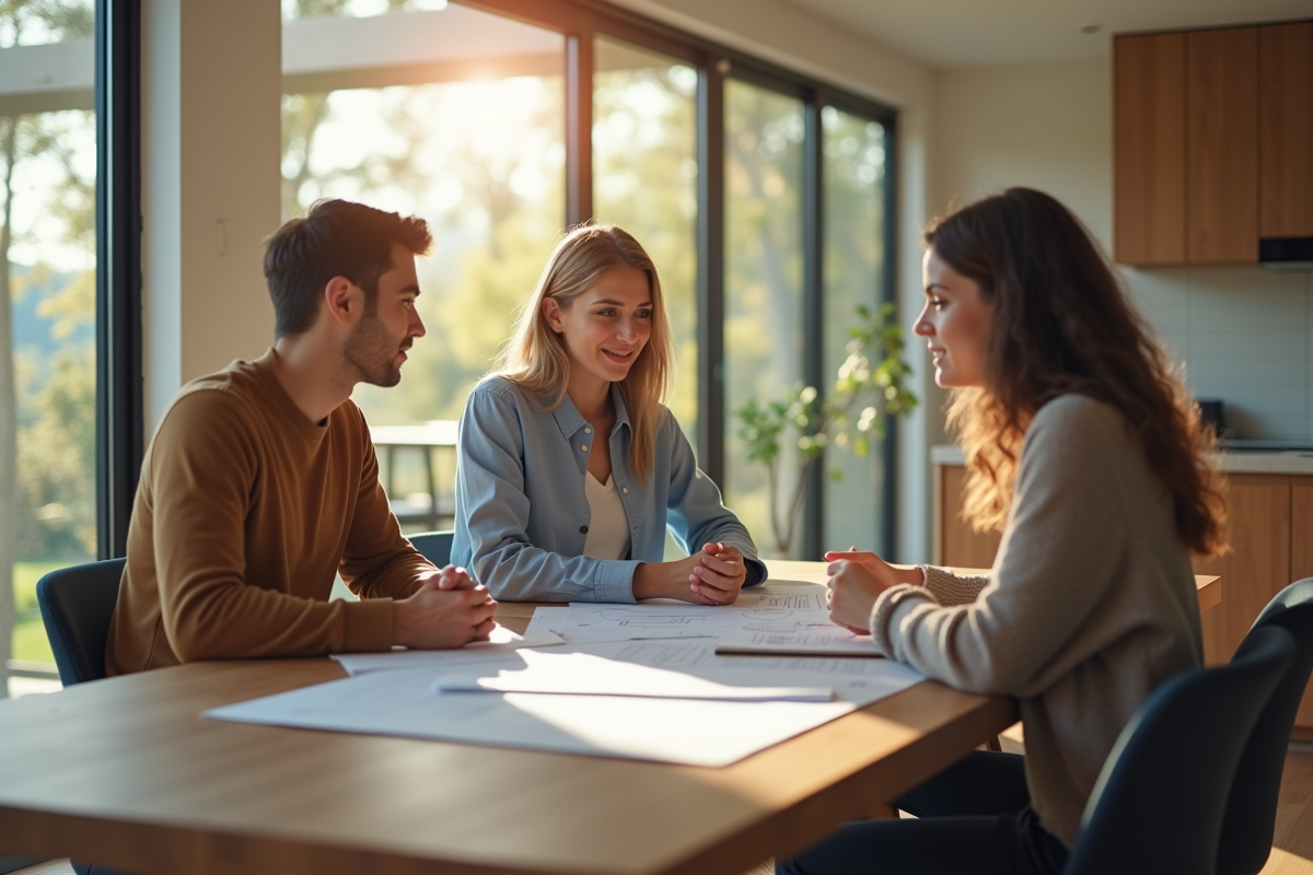 Jeune couple avec agent immobilier autour d'une table moderne