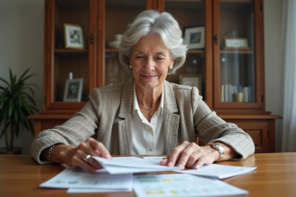 Femme retraitée élégante vérifiant ses papiers de finances