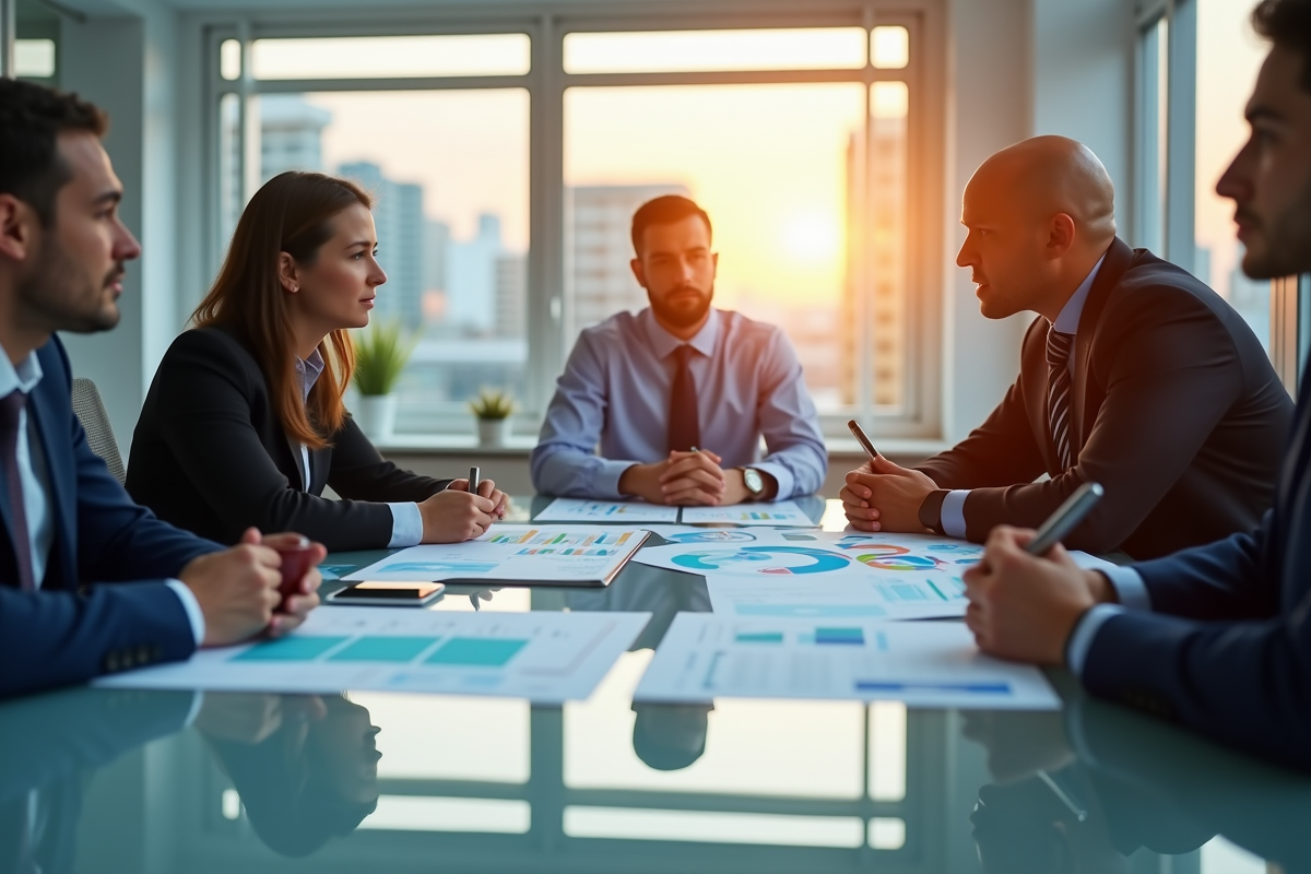 Réunion d'affaires avec des cadres analysant des graphiques financiers