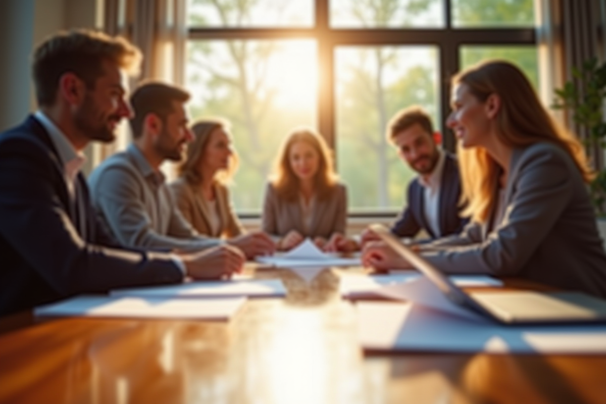 Equipe dynamique en réunion autour d une table ensoleillée