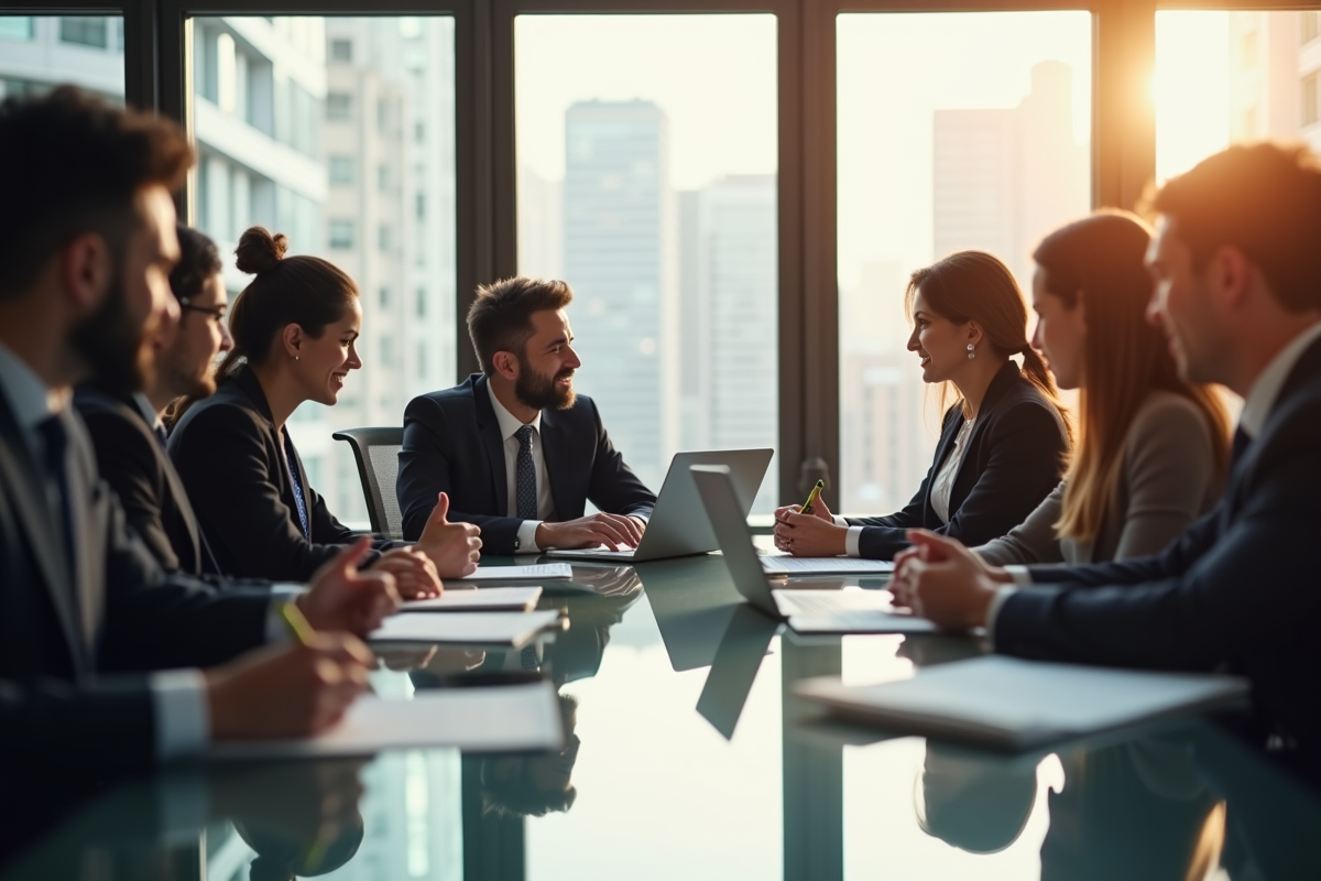 Groupe d'entrepreneurs en réunion dans un bureau lumineux